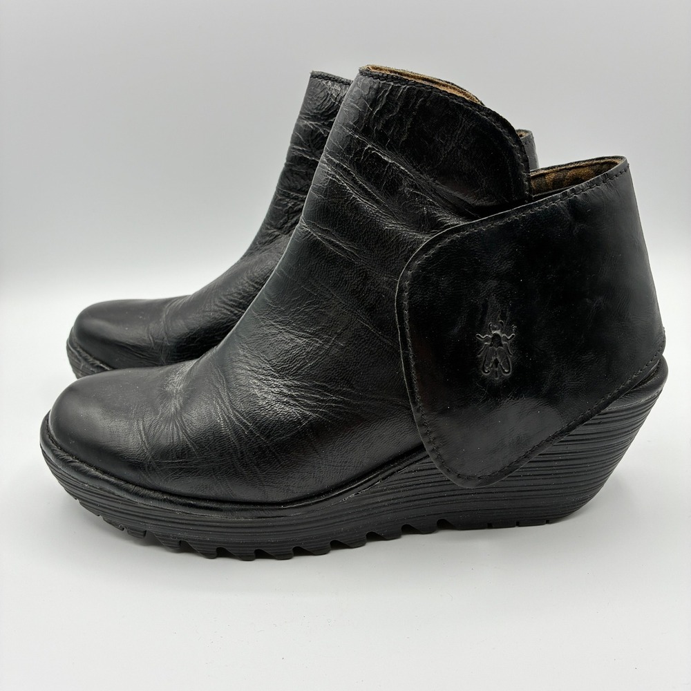 Fly London Yogi Wedge Ankle Booties Womens 40 9 Black Leather Platform - Picture 2 of 16